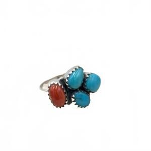 New Old Stock Vintage Native American Sterling Silver Coral Turquoise Ring 9.25